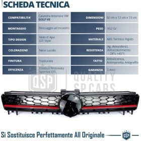 REJILLA Delantera para Vw GOLF 7 12-17 GTI Style Parrilla Tuning Negro Brillante Raya Roja