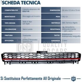 REJILLA Delantera para Vw GOLF 7 12-17 Tuning GTI Style Parrilla Negro Brillante Raya Roja