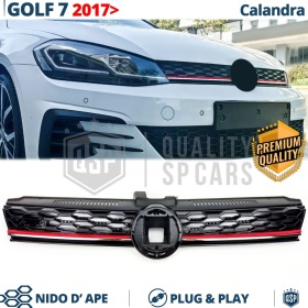 Grill KÜHLERGRILL für VW Golf 7 von 2017 GTI-Stil Tuning, Wabengitter, Glänzend Schwarz, Rot Gestreift