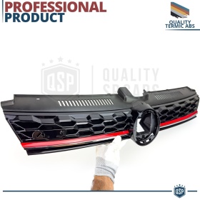 Grill KÜHLERGRILL für VW Golf 7 von 2017 GTI-Stil Tuning, Wabengitter, Glänzend Schwarz, Rot Gestreift