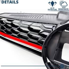 Grill KÜHLERGRILL für VW Golf 7 von 2017 GTI-Stil Tuning, Wabengitter, Glänzend Schwarz, Rot Gestreift