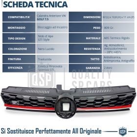 Grill KÜHLERGRILL für VW Golf 7 von 2017 GTI-Stil Tuning, Wabengitter, Glänzend Schwarz, Rot Gestreift