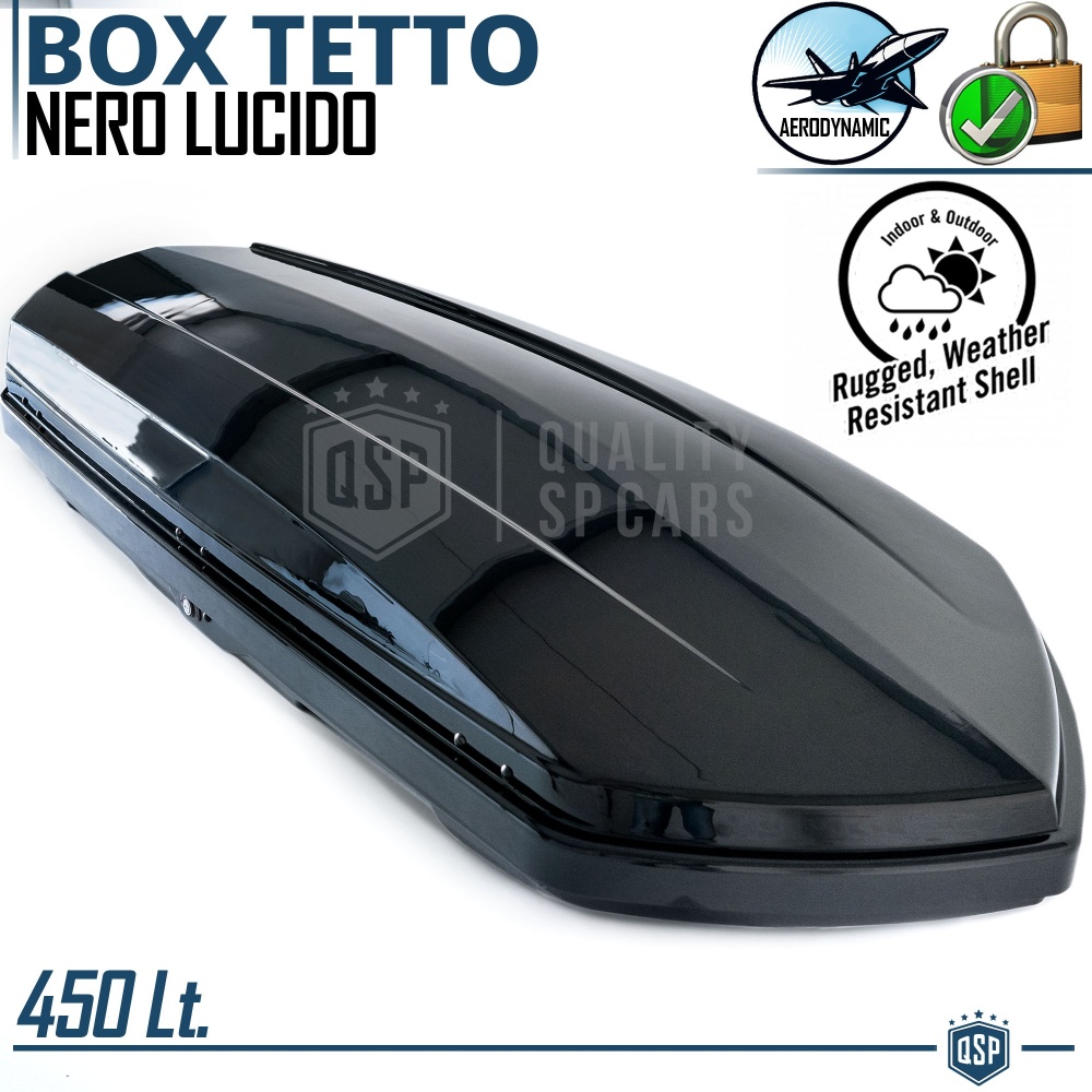 Cofre de Techo de Coche 450 Litros | Portaequipajes Aerodinámico Negro Brillante con Doble Apertura