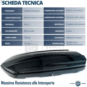 Cofre de Techo de Coche 450 Litros | Portaequipajes Aerodinámico Negro Brillante con Doble Apertura