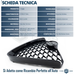 REJILLA Delantera para Alfa Romeo Giulia Parrilla Tuning NEGRO BRILLANTE Nido de Abeja