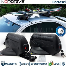 PORTAESQUÍS MAGNÉTICO Coche Universal NORDRIVE en Aluminio NEGRO Aprobado TÜV | 3 Pares de Esquís - 2 Snowboards