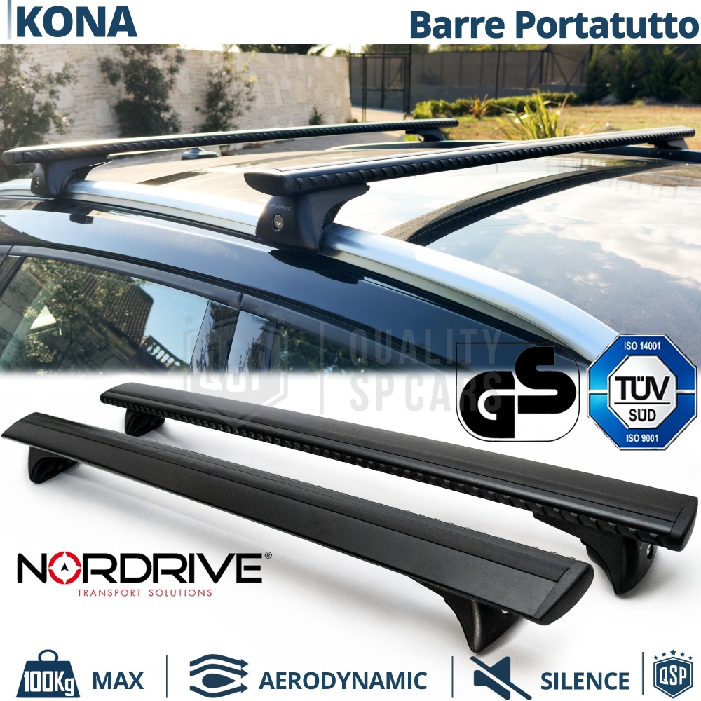 Barre Portatutto Per Hyundai Kona ORIGINALI Nordrive Evos Silenzio Nere | Max 100Kg. GS-TÜV