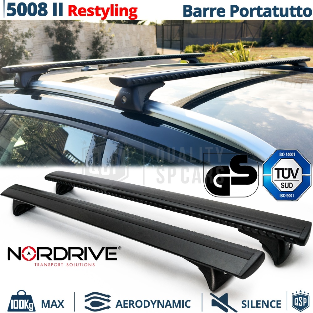 Barras de Techo para Peugeot 5008 2 20-24 NORDRIVE Evos Silenzio Negro | Máx. 100 kg. GS-TÜV