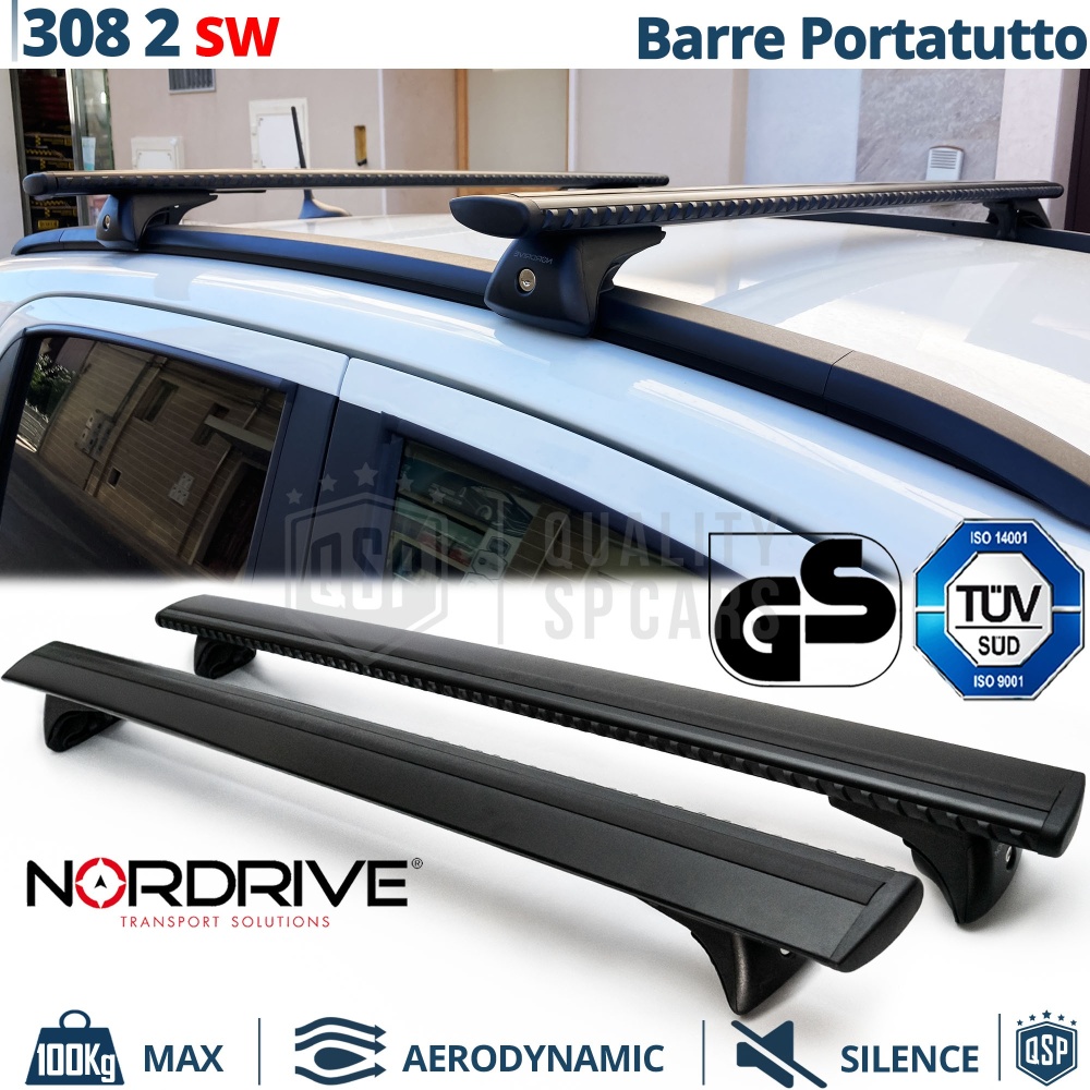 Barras de Techo para Peugeot 308 2 SW NORDRIVE Evos Silenzio Negro | Máx. 100 kg. GS-TÜV