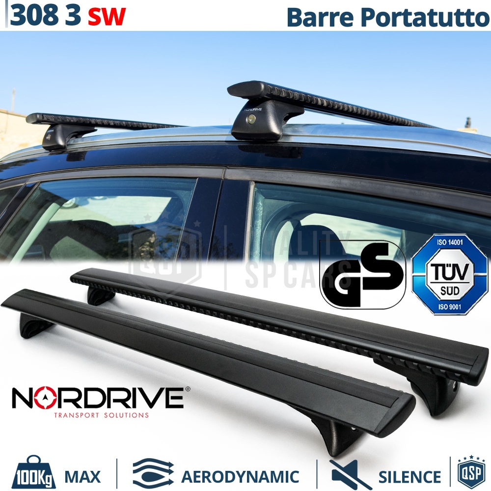 Barras de Techo para Peugeot 308 3 SW NORDRIVE Evos Silenzio Negro | Máx. 100 kg. GS-TÜV