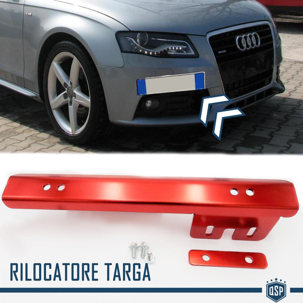 Portatarga Anteriore a Scomparsa per Audi, Rilocatore Laterale in Acciaio Rosso Portatarga Anteriore a Scomparsa per Audi, Rilocatore Laterale in Acciaio Rosso