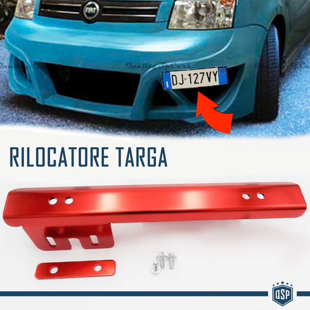 Soporte de Matrícula Delantera para Fiat, Kit de Reubicación Lateral, en Acero Rojo Anodizado Soporte de Matrícula Delantera para Fiat, Kit de Reubicación Lateral, en Acero Rojo Anodizado