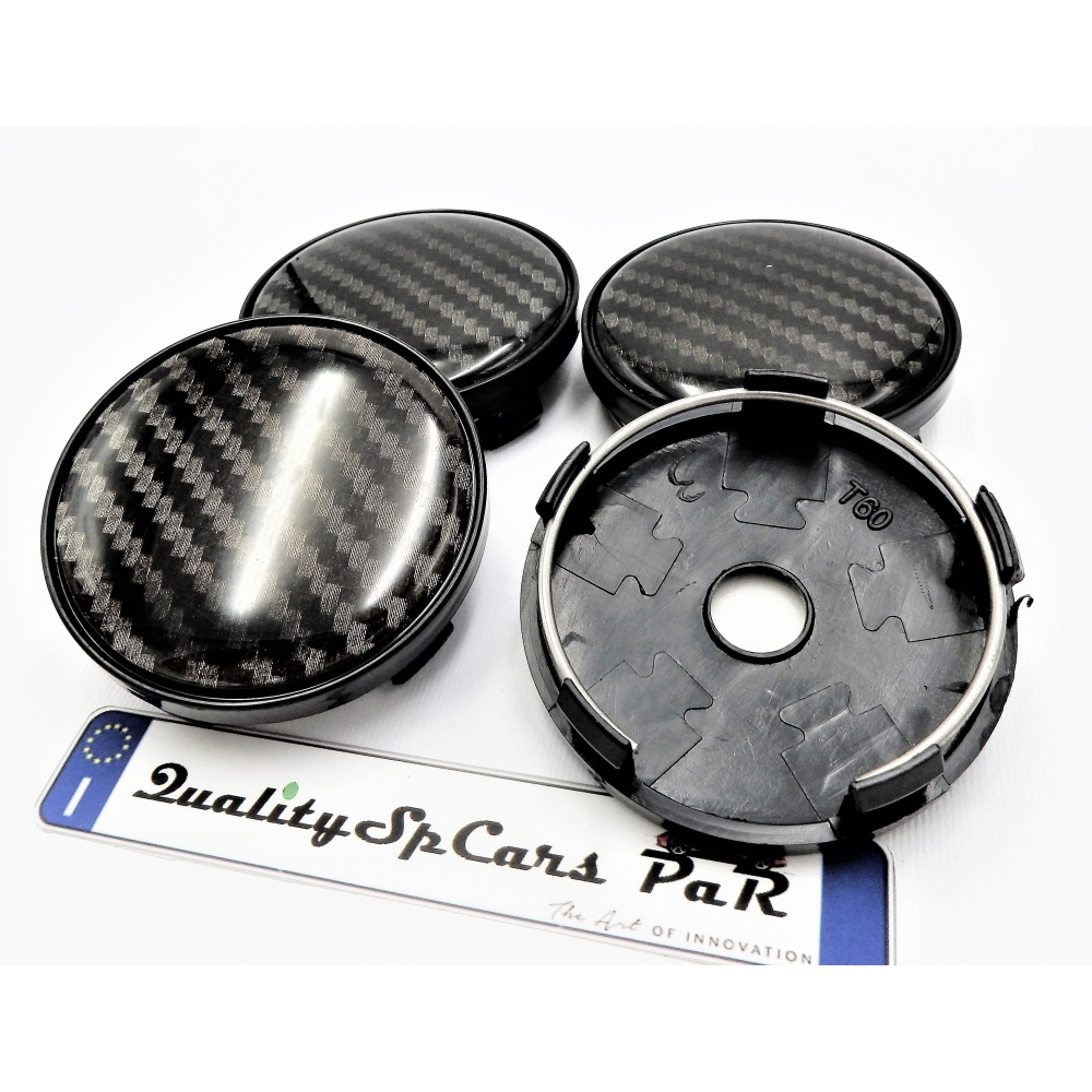 X4 TAPAS 60mm, efecto FIBRA de CARBONO tapabujes de ABS negro de Calidad PARA centro de llantas de aleación X4 TAPAS 60mm, efecto FIBRA de CARBONO tapabujes de ABS negro de Calidad PARA centro de llantas de aleación