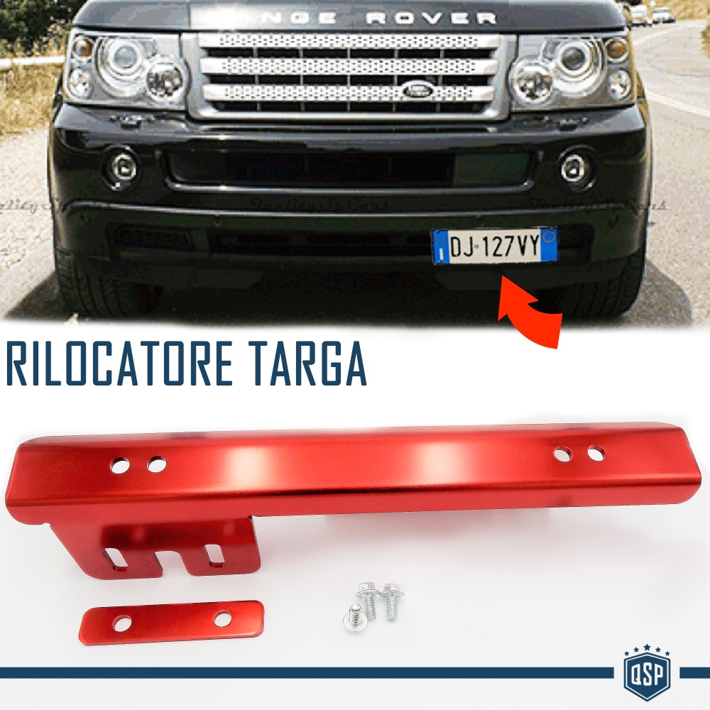 Soporte de Matrícula Delantera para Land Rover, Kit de Reubicación Lateral, en Acero Rojo Anodizado Soporte de Matrícula Delantera para Land Rover, Kit de Reubicación Lateral, en Acero Rojo Anodizado
