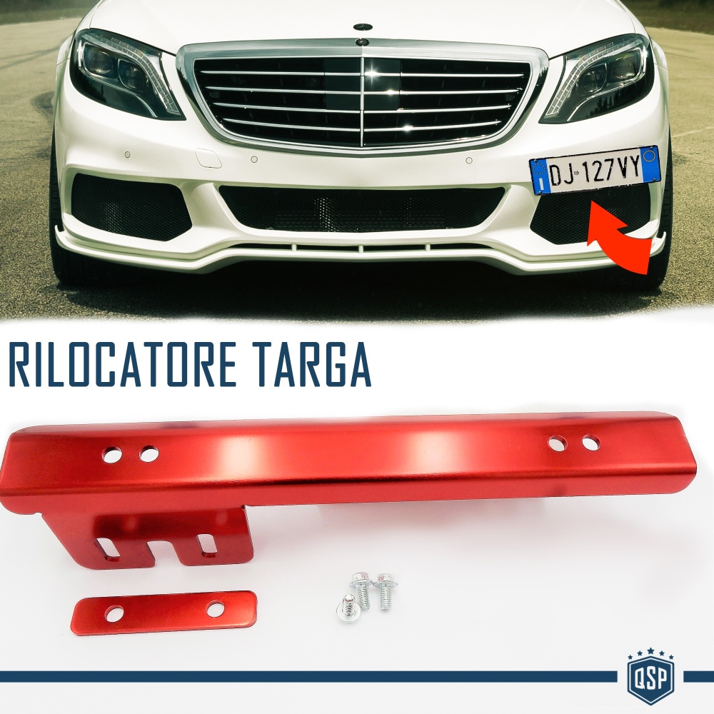 Soporte de Matrícula Delantera para Mercedes, Kit de Reubicación Lateral, en Acero Rojo Anodizado Soporte de Matrícula Delantera para Mercedes, Kit de Reubicación Lateral, en Acero Rojo Anodizado