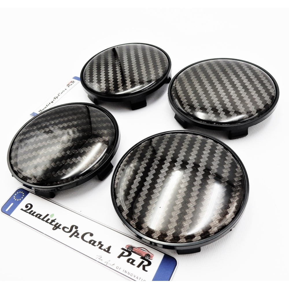 X4 TAPAS 68mm, efecto FIBRA de CARBONO tapabujes de ABS negro de Calidad PARA centro de llantas de aleación X4 TAPAS 68mm, efecto FIBRA de CARBONO tapabujes de ABS negro de Calidad PARA centro de llantas de aleación