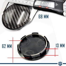 X4 TAPAS 68mm, efecto FIBRA de CARBONO tapabujes de ABS negro de Calidad PARA centro de llantas de aleación