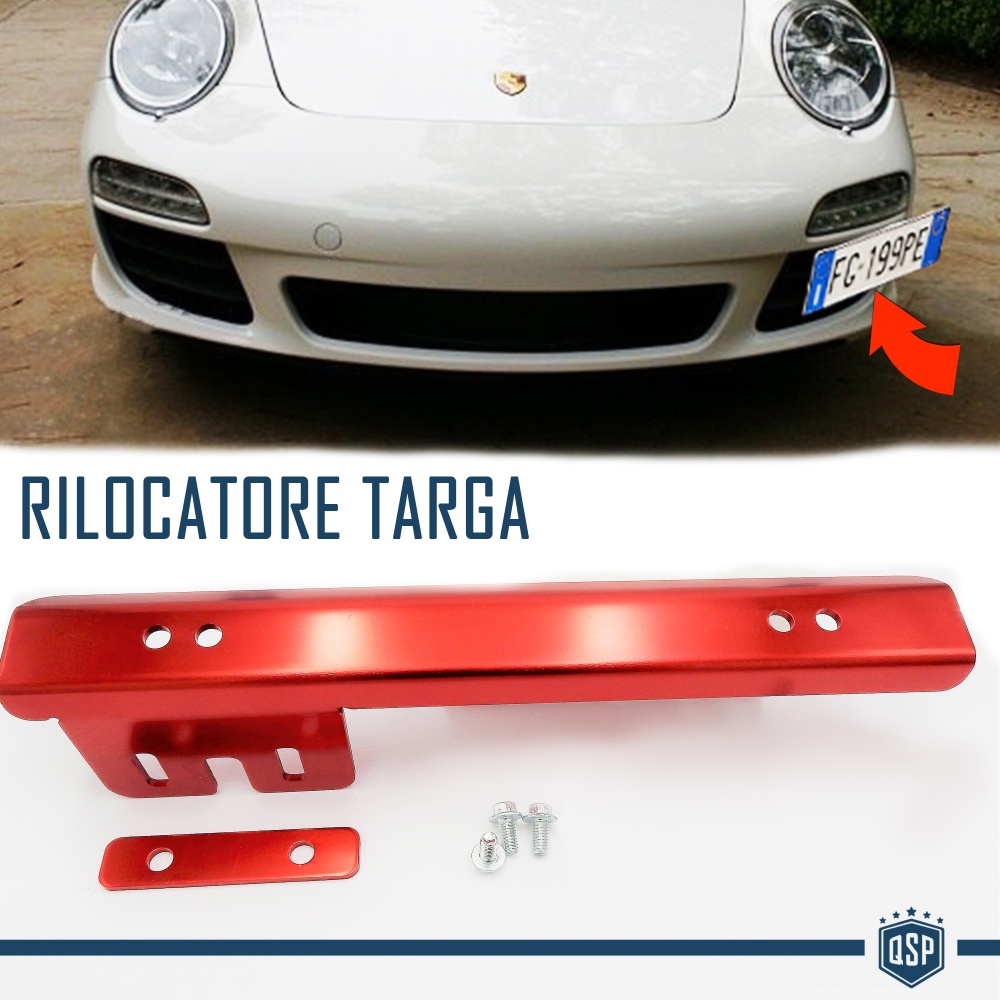 Soporte de Matrícula Delantera para Porsche, Kit de Reubicación Lateral, en Acero Rojo Anodizado Soporte de Matrícula Delantera para Porsche, Kit de Reubicación Lateral, en Acero Rojo Anodizado