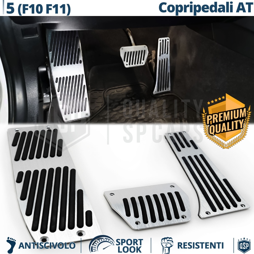 Car PEDAL Covers for BMW 5 Series F10, F11 AUTOMATIC Gearbox | Aluminum and Non-slip Rubber Pedals