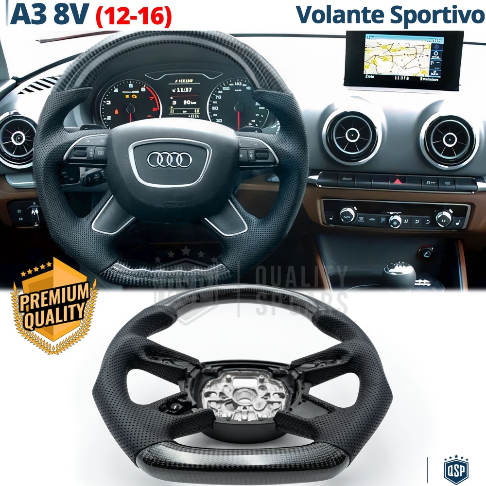 VOLANTE Deportivo para Audi A3 8V 12-16, Plano en Carbono y Piel | Reemplazo Ergonómico