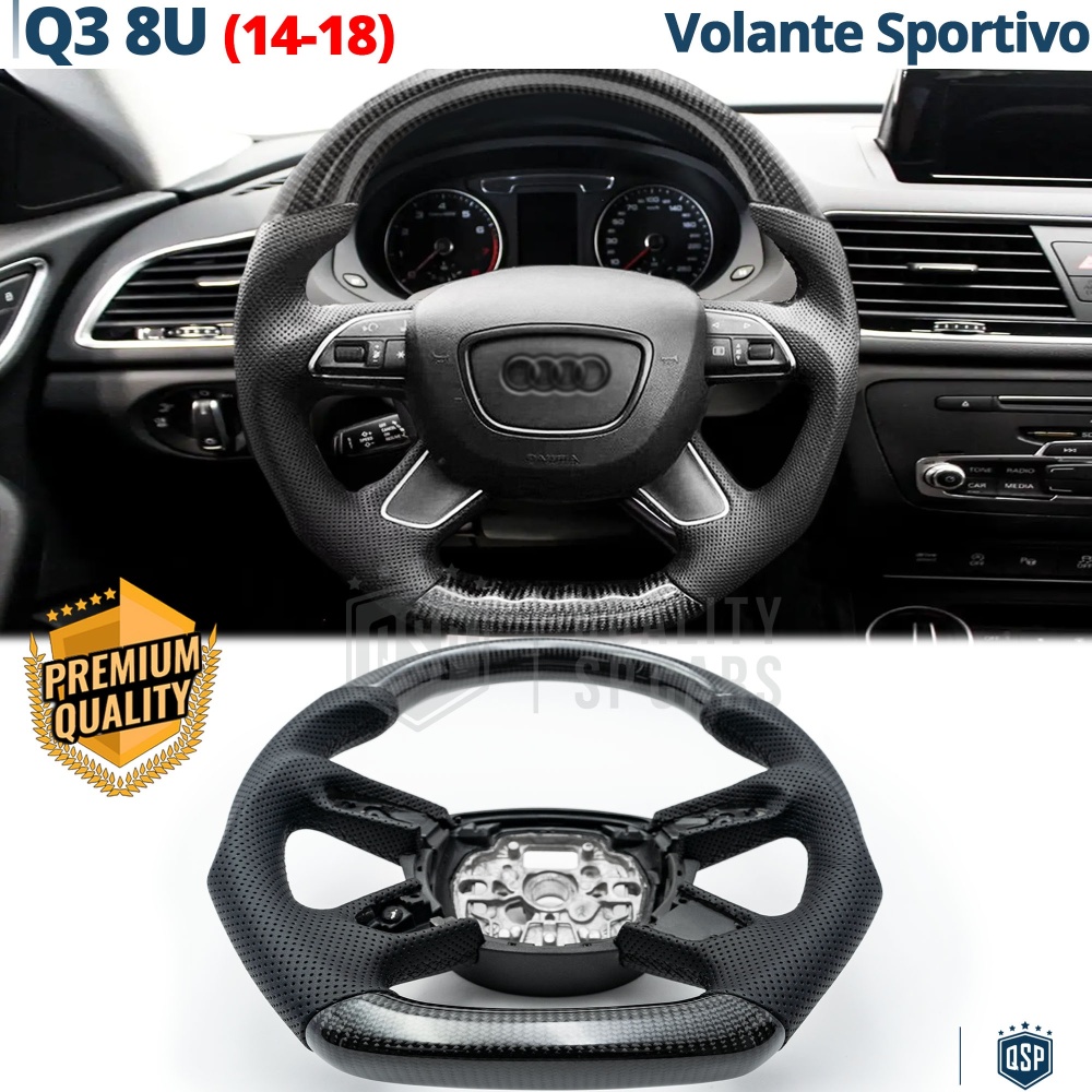 VOLANTE Sportivo Per Audi Q3 8U 14-18, Base Piatta in Carbonio e Pelle | Ricambio Ergonomico