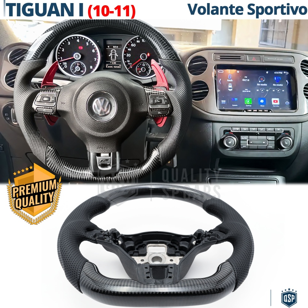 VOLANTE Sportivo Per VW Tiguan 5N 10-11, Base Piatta, in Carbonio e Pelle | Ricambio Ergonomico