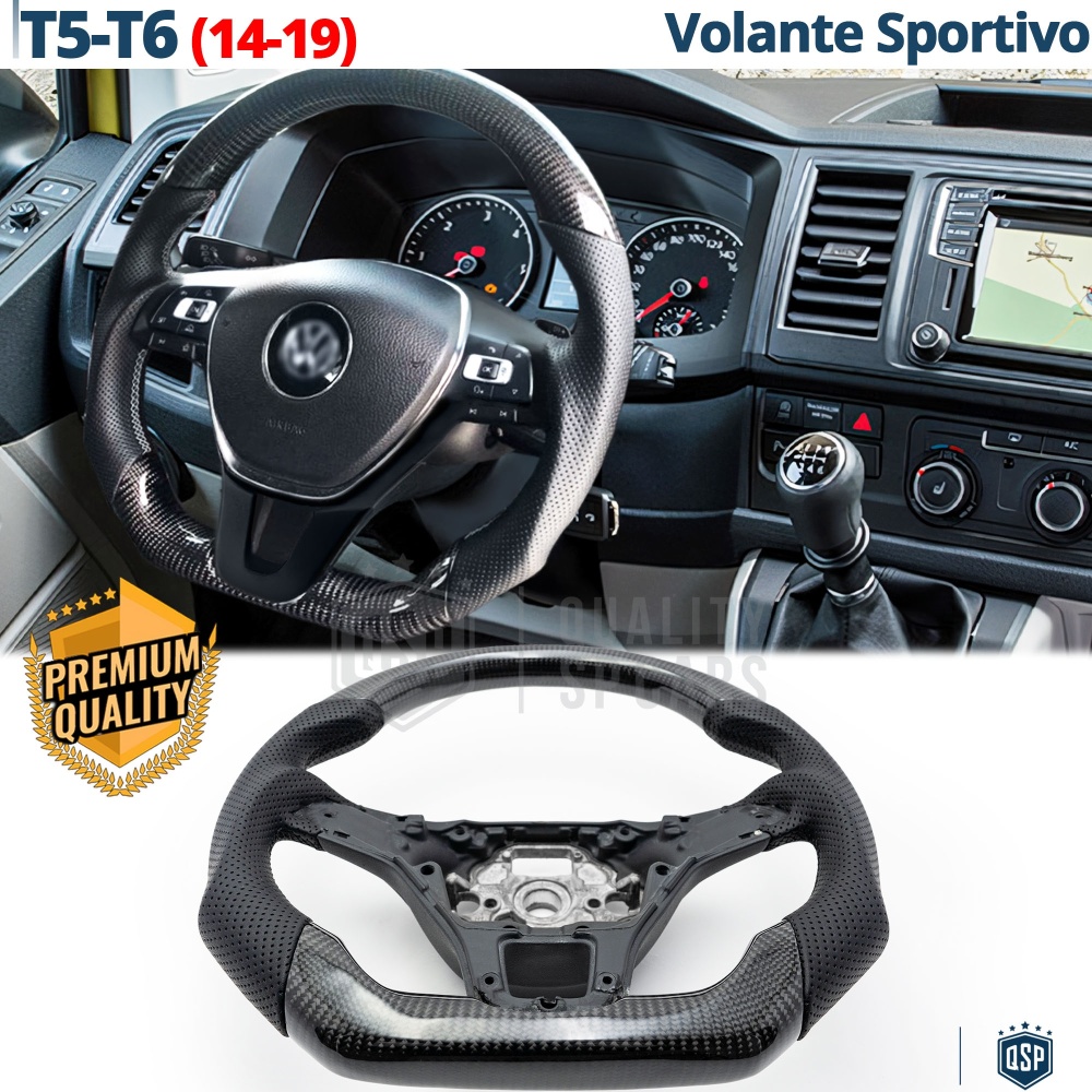 VOLANTE Deportivo para VW Transporter T5-T6 14-19, Plano en Carbono y Piel | Reemplazo Ergonómico