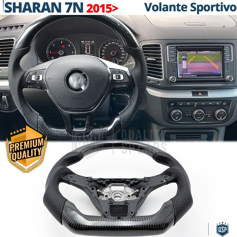 VOLANTE Deportivo para VW Sharan 7N desde 2015, Plano en Carbono y Piel | Reemplazo Ergonómico