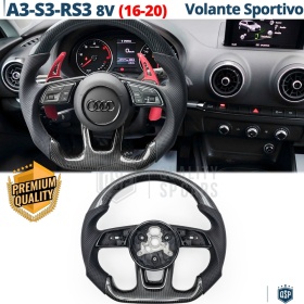 VOLANTE Sportivo Per Audi A3, S3, RS3 (8V) 16-20, Base Piatta in Carbonio e Pelle | Ricambio Ergonomico