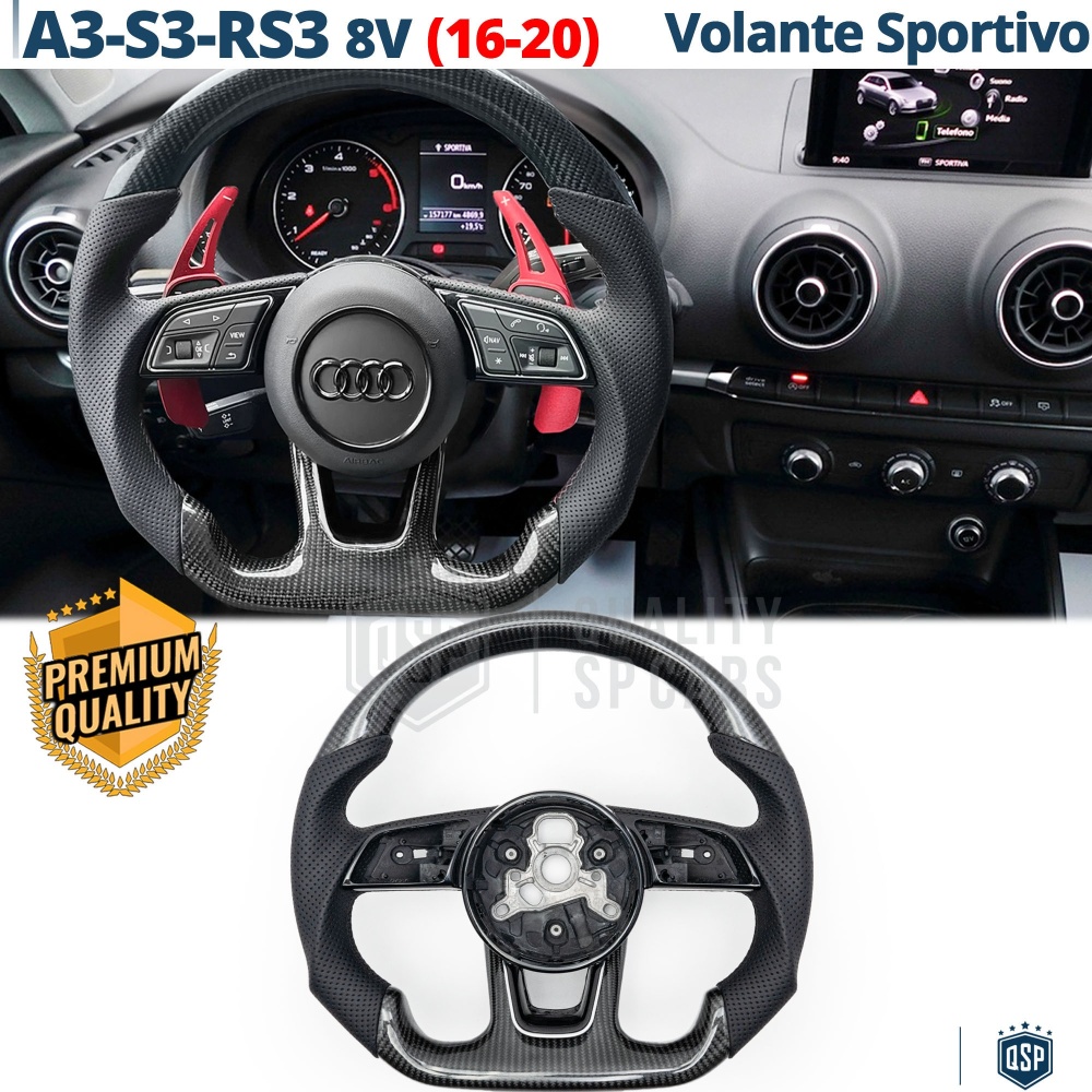 VOLANTE Sportivo Per Audi A3, S3, RS3 (8V) 16-20, Base Piatta in Carbonio e Pelle | Ricambio Ergonomico
