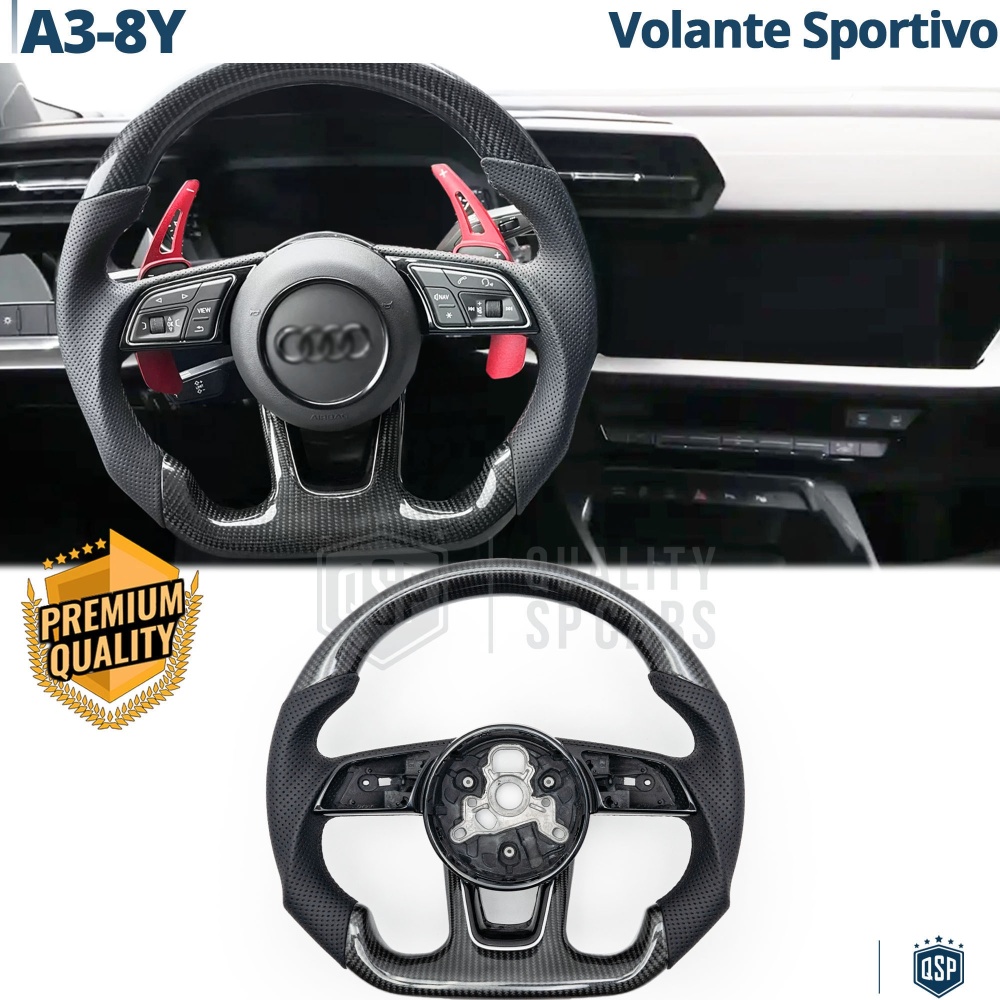 VOLANTE Deportivo para Audi A3 8Y, Plano en Carbono y Piel | Reemplazo Ergonómico