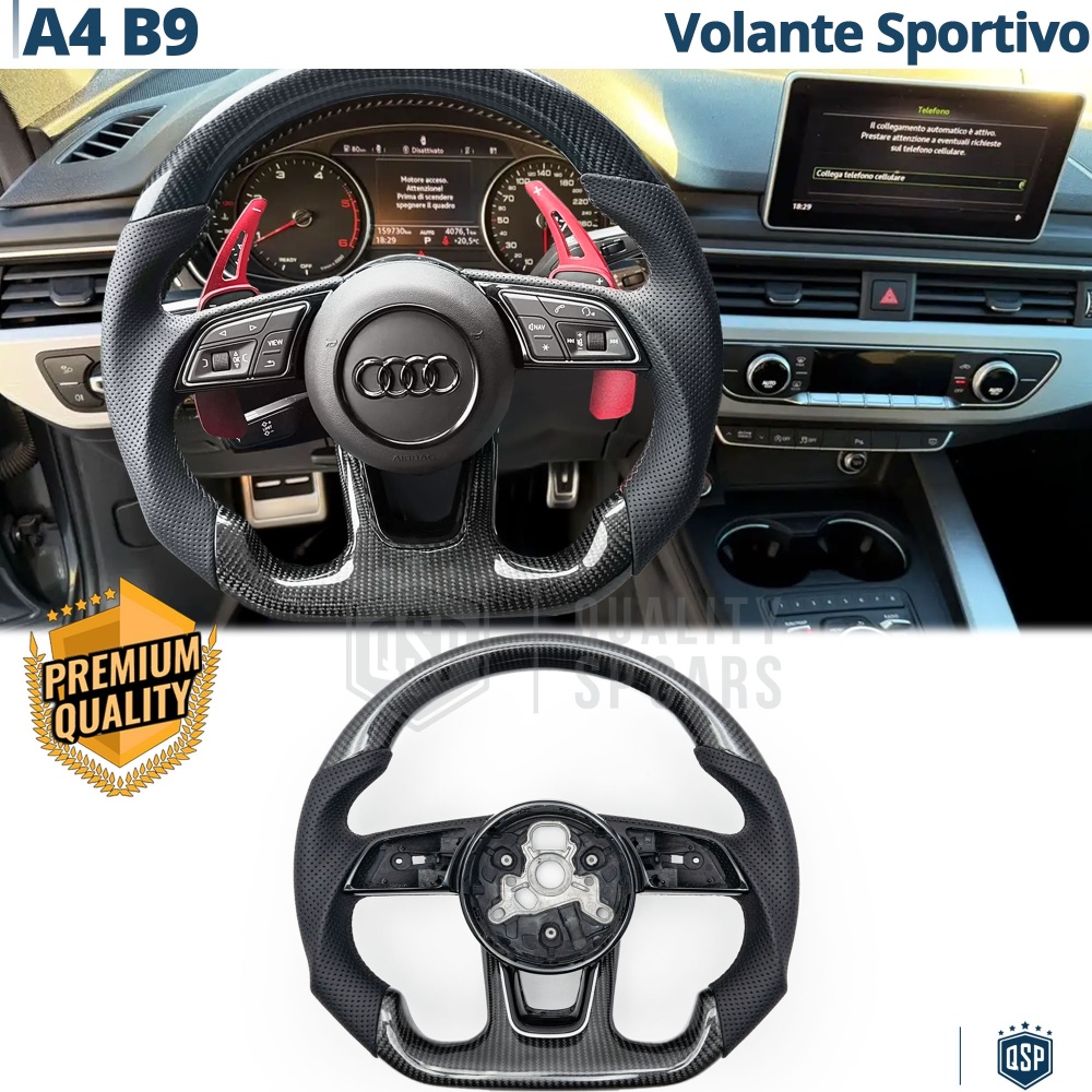 VOLANTE Deportivo para Audi A4, S4, RS4 (B9), Plano en Carbono y Piel | Reemplazo Ergonómico