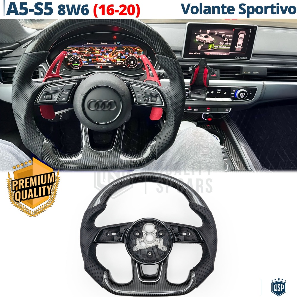 VOLANTE Deportivo para Audi A5, S5 (8W6) 16-20, Plano en Carbono y Piel | Reemplazo Ergonómico
