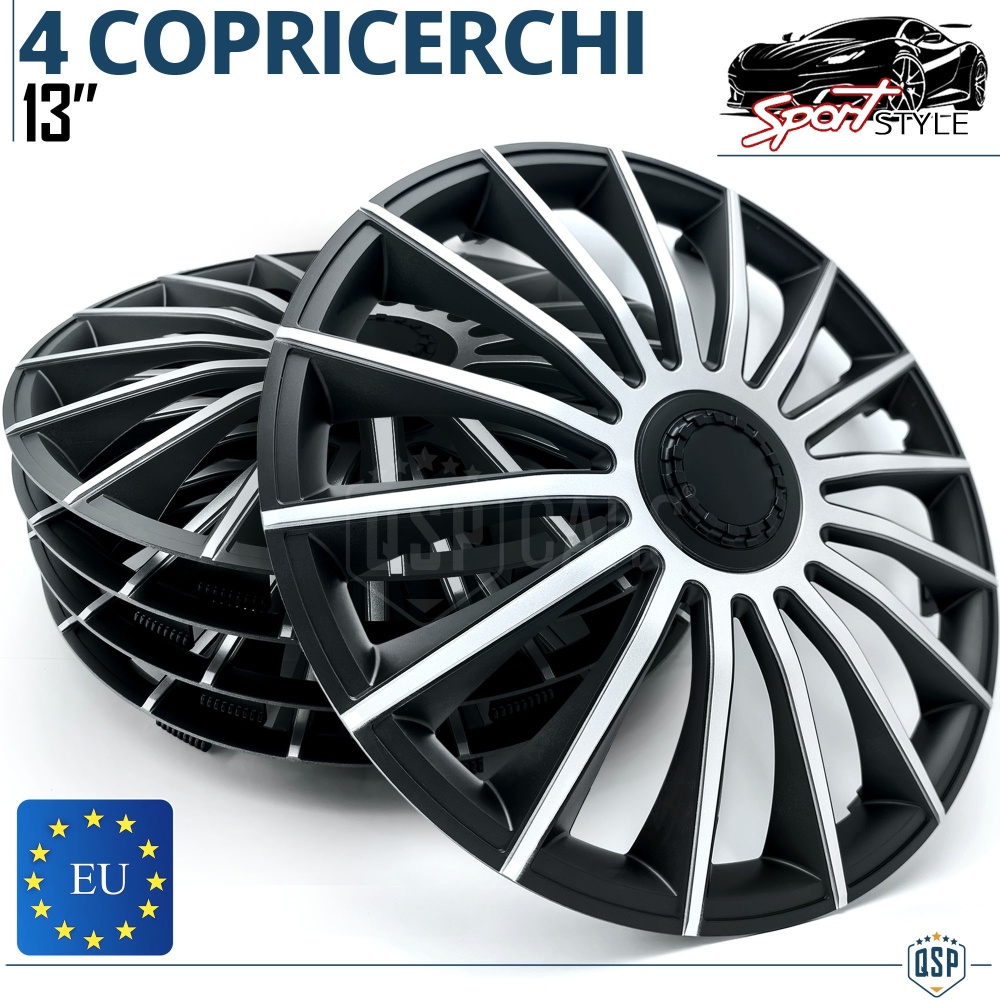 4 Car Wheel Trims Covers 13'' Inch Universal, Silver and Black Sports Trims 15 Spokes | MADE IN EU