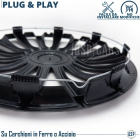 4 Tapacubos Embellecedores 14'' Pulgadas Universales, Plateadas y Negras, 15 Radios | HECHO EN UE