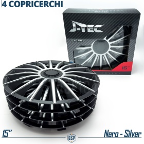 4 Tapacubos Embellecedores 15'' Pulgadas Universales, Plateadas y Negras, 15 Radios | HECHO EN UE