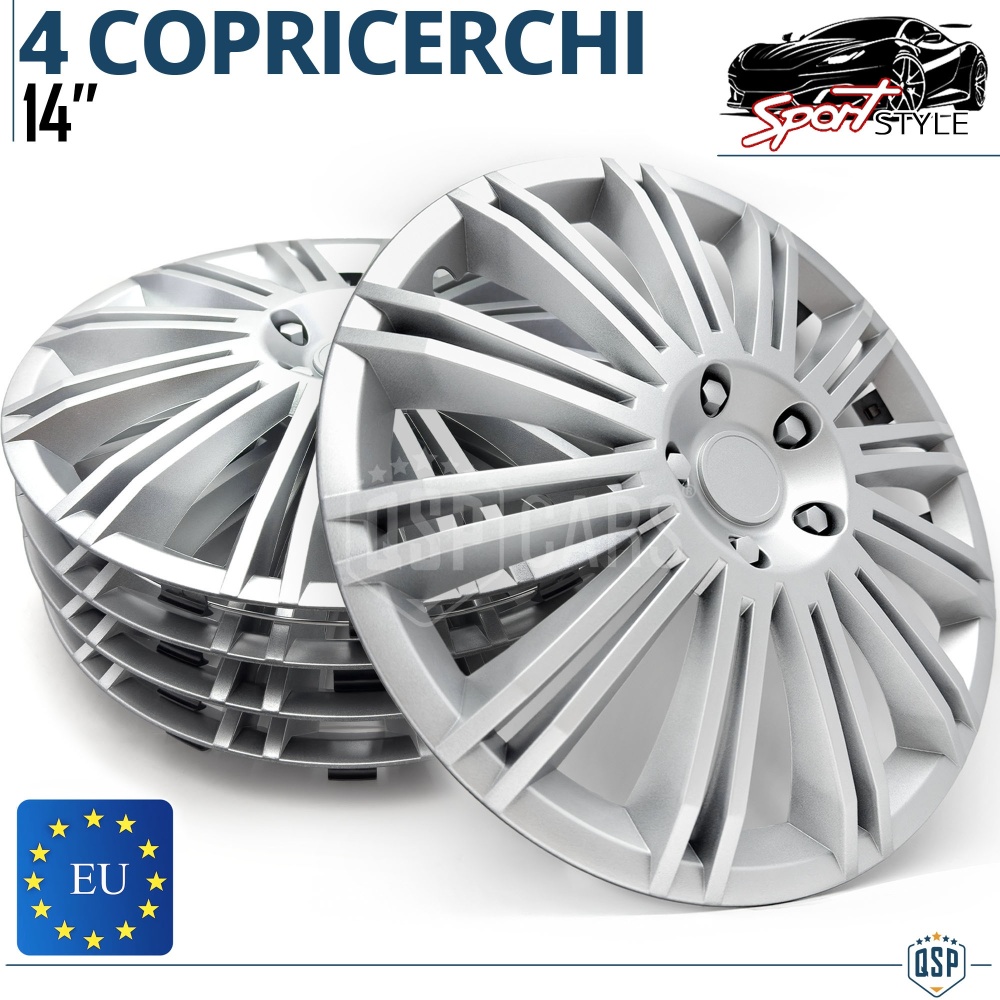 4 Tapacubos Embellecedores 14'' Pulgadas Universales, Plateadas, 12 Radios | HECHO EN UE