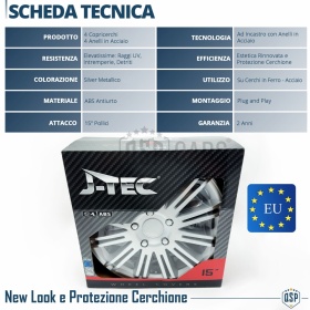 4 Tapacubos Embellecedores 15'' Pulgadas Universales, Plateadas, 12 Radios | HECHO EN UE