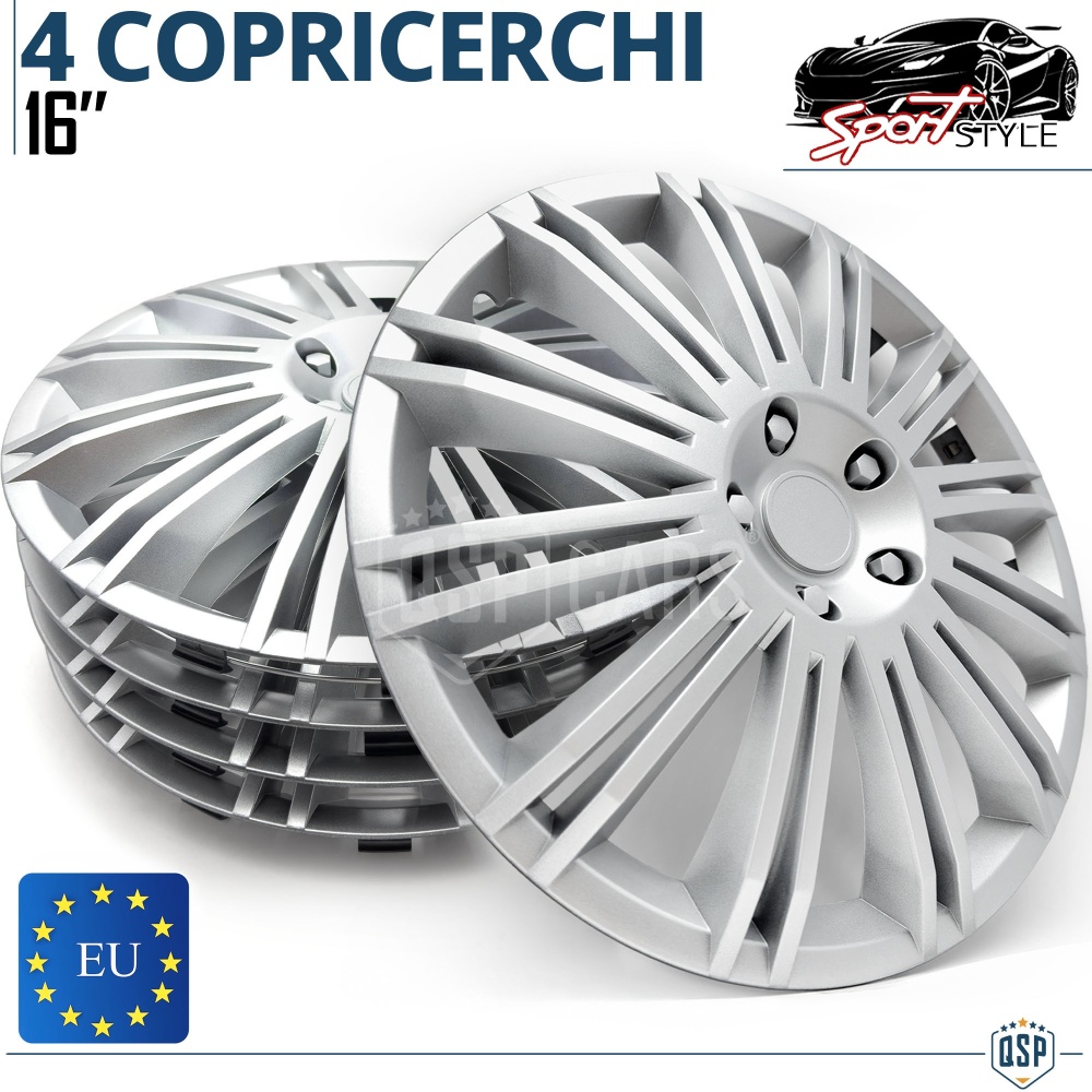4 Tapacubos Embellecedores 16'' Pulgadas Universales, Plateadas, 12 Radios | HECHO EN UE