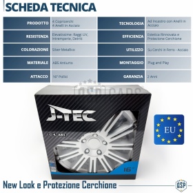 4 Tapacubos Embellecedores 16'' Pulgadas Universales, Plateadas, 12 Radios | HECHO EN UE