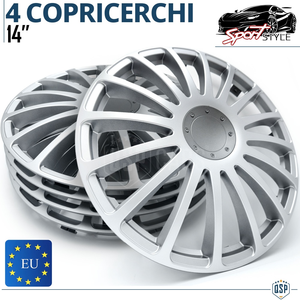 4 Tapacubos Embellecedores 14'' Pulgadas Universales, Plateadas, 16 Radios | HECHO EN UE