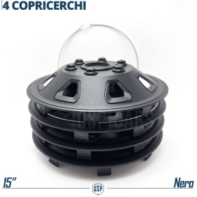 4 Tapacubos Embellecedores 15'' Pulgadas Universales, Negras, Design Todoterreno | HECHO EN UE