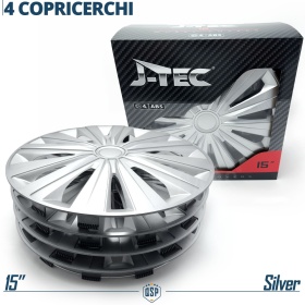 4 Tapacubos Embellecedores 15'' Pulgadas Universales, Plateadas, 12 Radios | HECHO EN UE