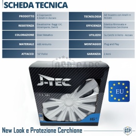 4 Tapacubos Embellecedores 16'' Pulgadas Universales, Plateadas, 12 Radios | HECHO EN UE
