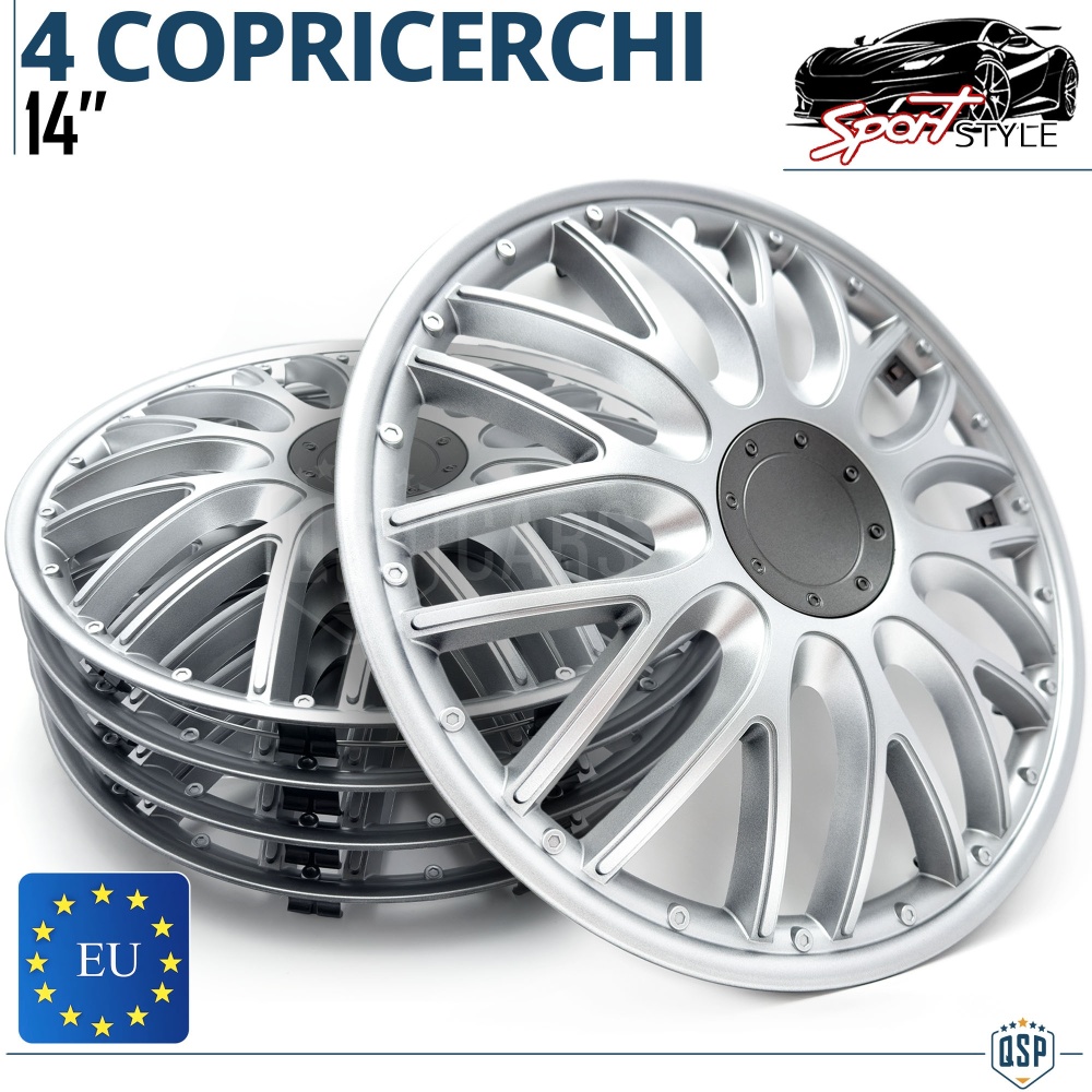 Set 4 Copricerchi Auto 14'' Pollici Universali, Coppette Sportive Silver 10 Razze | MADE IN EU