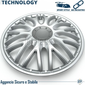 Set 4 Copricerchi Auto 14'' Pollici Universali, Coppette Sportive Silver 10 Razze | MADE IN EU