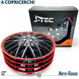 4 Tapacubos Embellecedores 13'' Pulgadas Universales, Negras Borde Rojo, 10 Radios | HECHO EN UE