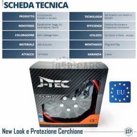 4 Tapacubos Embellecedores 13'' Pulgadas Universales, Negras Borde Rojo, 10 Radios | HECHO EN UE
