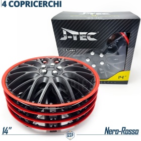 4 Tapacubos Embellecedores 14'' Pulgadas Universales, Negras Borde Rojo, 10 Radios | HECHO EN UE