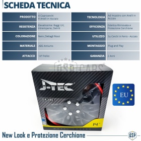4 Tapacubos Embellecedores 14'' Pulgadas Universales, Negras Borde Rojo, 10 Radios | HECHO EN UE